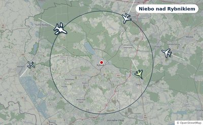 Mapa okolic miasta z sylwetkami samolotów — Niebo nad Rybnikiem na żywo