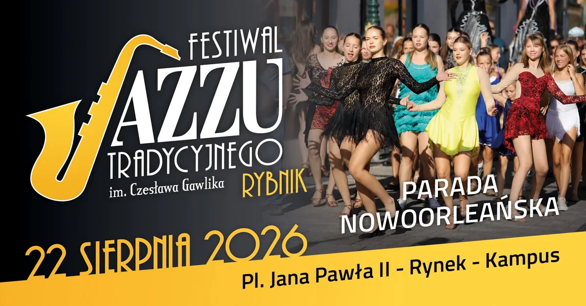 Grafika promocyjna wydarzenia 18. Festiwal Jazzu Tradycyjnego im. Czesława Gawlika – Parada Nowoorleańska w Rybniku