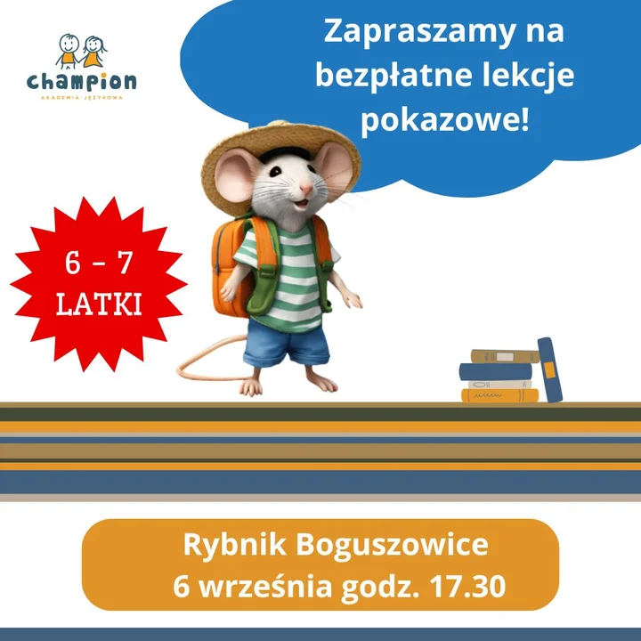 Obrazek przedstawia grafikę promocyjną wydarzenia Bezpłatne lekcje pokazowe angielskiego dla dzieci 6–7 lat w Boguszowicach