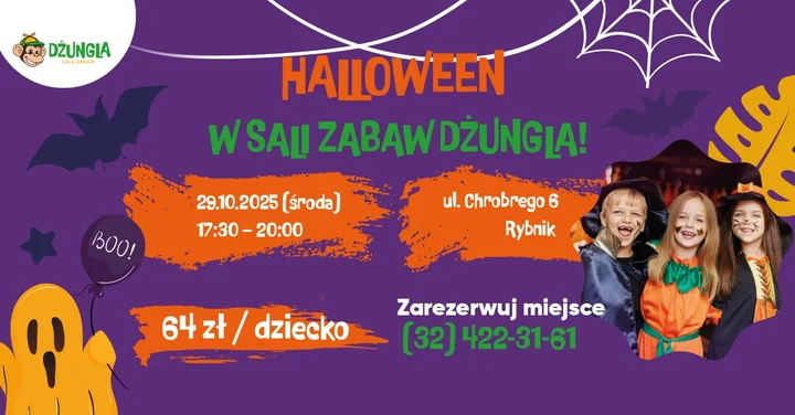 Grafika promocyjna wydarzenia HALLOWEEN w DŻUNGLI Rybnik — zabawy dla dzieci 29 października 2025