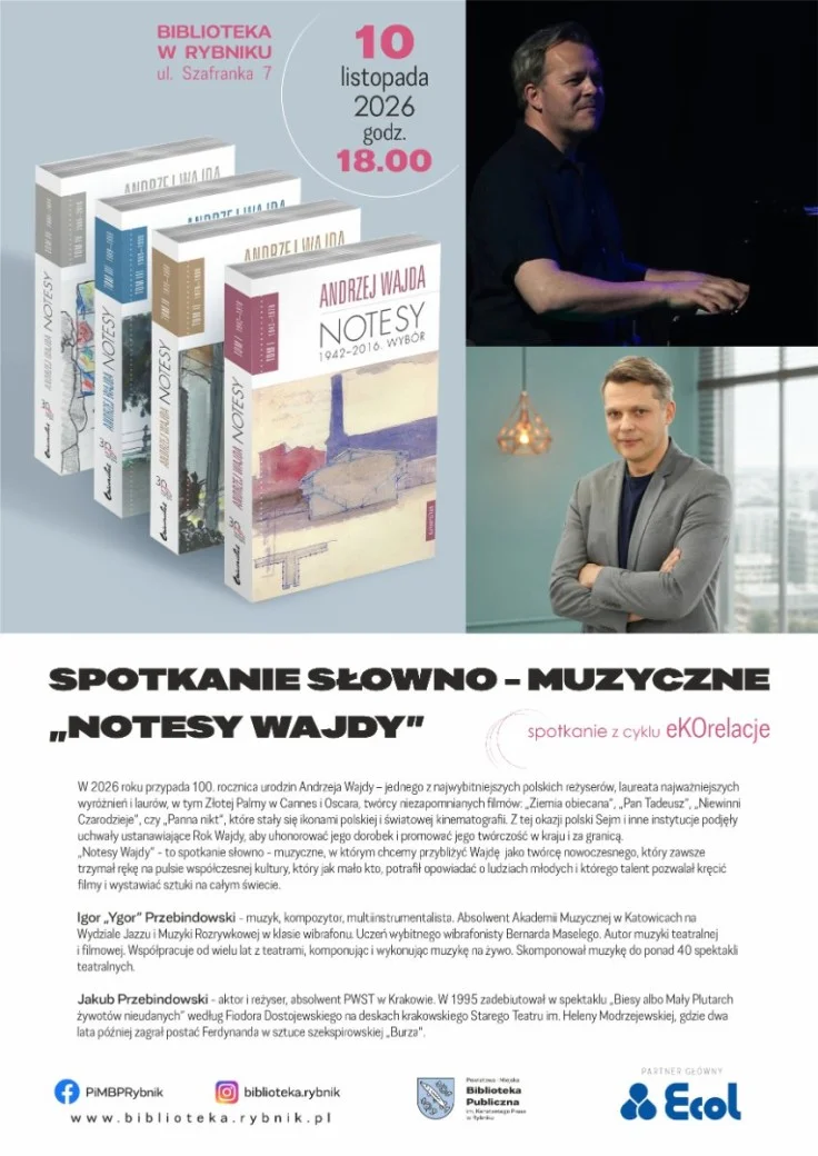 Grafika promocyjna wydarzenia Jakub Przebindowski o Andrzeju Wajdzie – „Notesy Wajdy”