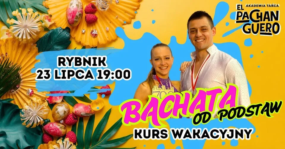 Grafika promocyjna wydarzenia KURS WAKACYJNY w Rybniku – bachata od podstaw