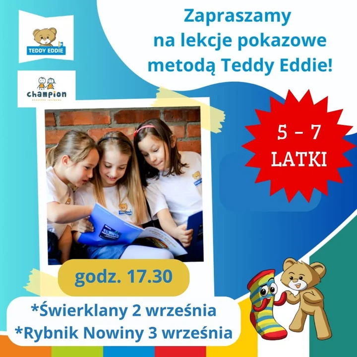 Obrazek przedstawia grafikę promocyjną wydarzenia Bezpłatne lekcje pokazowe angielskiego metodą TEDDY EDDIE dla dzieci 5–7 lat