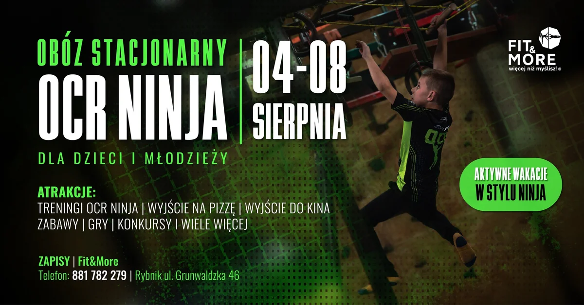 Grafika promocyjna wydarzenia Letni obóz treningowy dla młodych miłośników biegów z przeszkodami w Rybniku