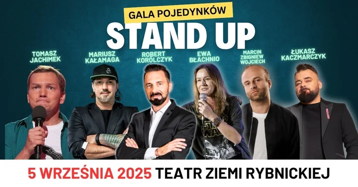 Obrazek przedstawia grafikę promocyjną wydarzenia Wieczór polskiego stand-upu w Rybniku — gala pojedynków komików