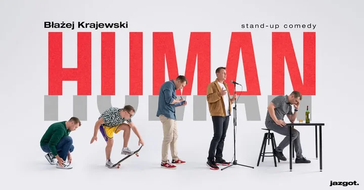 Obrazek przedstawia grafikę promocyjną wydarzenia Stand-up Błażej Krajewski w Rybniku — program Human