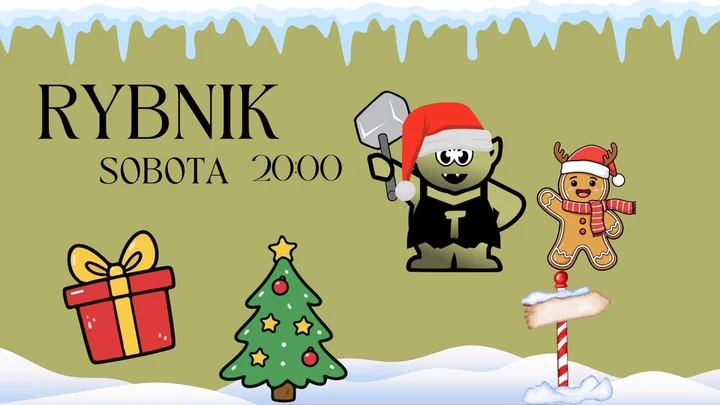 Grafika promocyjna wydarzenia Wigilijka w Jaskini — planszówki, karcianki i świąteczna atmosfera w Rybniku