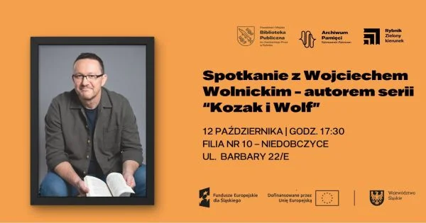 Grafika promocyjna wydarzenia Spotkanie z Wojciechem Wolnickim w Filii nr 10