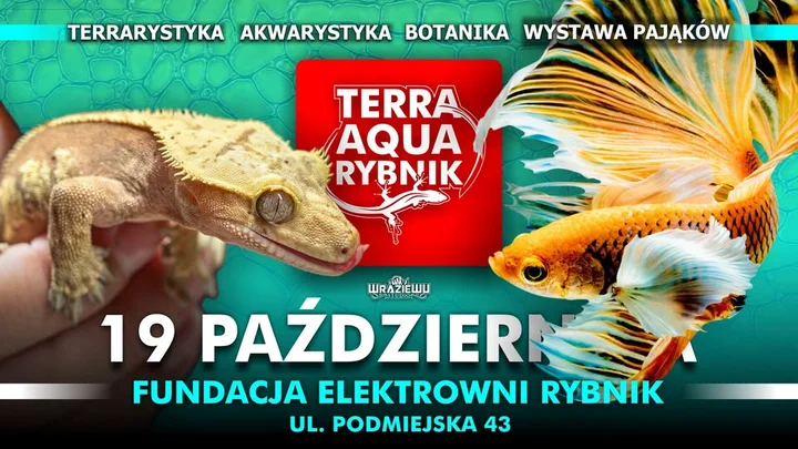 Obrazek przedstawia grafikę promocyjną wydarzenia Targi i wystawa zwierząt egzotycznych nad Jeziorem Rybnickim
