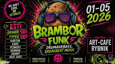 Grafika promocyjna wydarzenia Brambor Funk w ART-CAFE Rybnik: drum and bass, breakbeat i scratch 1 maja 2026
