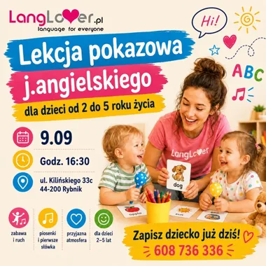 Grafika promocyjna wydarzenia Darmowa lekcja pokazowa j. angielskiego dla dzieci