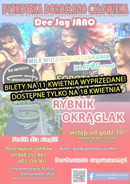 Grafika promocyjna wydarzenia Dyskoteka Dorosłego Człowieka Dee Jay JANO w Rybniku. Wieczór z hitami lat 80., 90. i tanecznymi nowościami