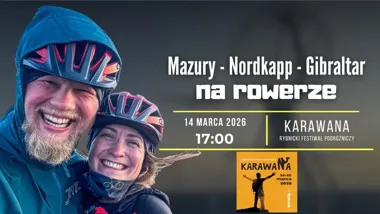 Grafika promocyjna wydarzenia KARAWANA w Rybniku: Loverowi opowiadają o wyprawie Mazury – Nordkapp – Gibraltar na rowerze