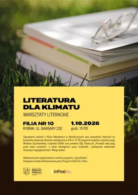 Grafika promocyjna wydarzenia Literatura dla klimatu – warsztaty literackie w Filii nr 10