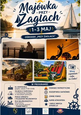 Grafika promocyjna wydarzenia Majówka „przy Żaglach” 2026 w Rybniku — muzyka, survival i atrakcje dla całej rodziny