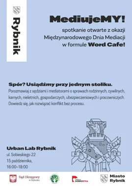 Grafika promocyjna wydarzenia MediujeMY! – porozmawiaj z sędzią i mediatorem przy jednym stoliku