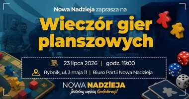 Grafika promocyjna wydarzenia Planszówki z Nową Nadzieją w Rybniku – spotkanie wakacyjne