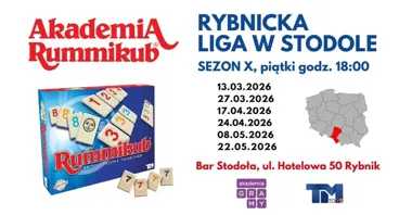 Grafika promocyjna wydarzenia Rybnicka Liga Rummikub — sezon X w Barze Stodoła