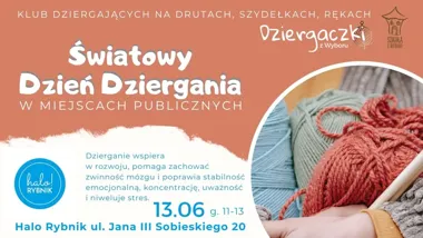 Grafika promocyjna wydarzenia Światowy Dzień Dziergania w halo!Rybnik – spotkanie z włóczką, drutami i spokojem