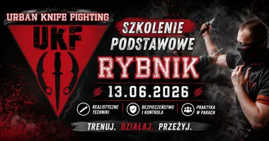 Grafika promocyjna wydarzenia Urban Knife Fighting w Rybniku – szkolenie walki nóż vs nóż