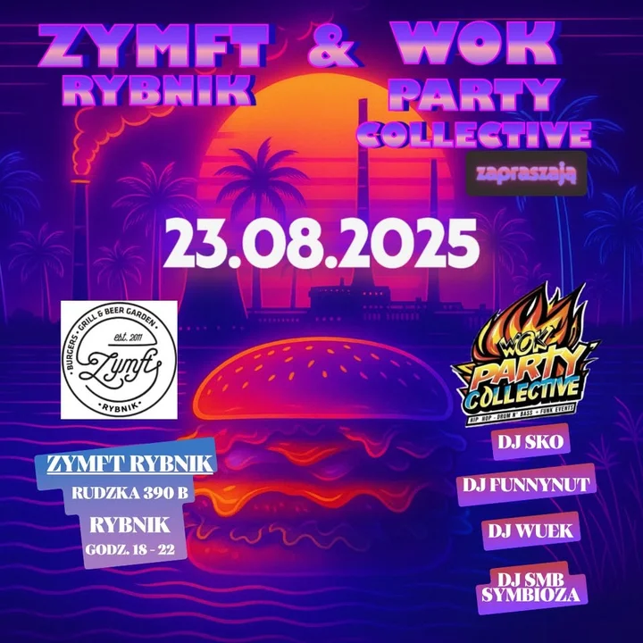 Obrazek przedstawia grafikę promocyjną wydarzenia Plenerowa impreza z DJ i food truckami w Rybniku