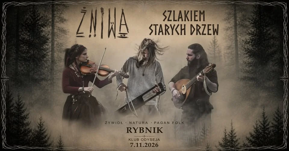 Grafika promocyjna wydarzenia Żniwa i Szlakiem Starych Drzew w Rybniku – koncert folkowy w Klubie Odyseja