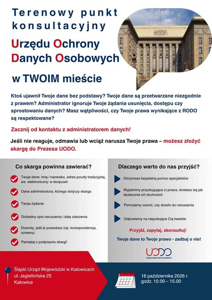 Bezpłatne porady UODO w Katowicach. Można też złożyć skargę