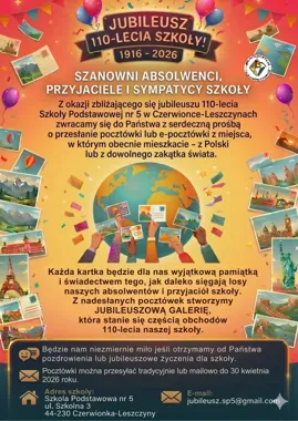 110 lat SP nr 5 – szkoła z Czerwionki-Leszczyny prosi o pocztówki i krótkie życzenia