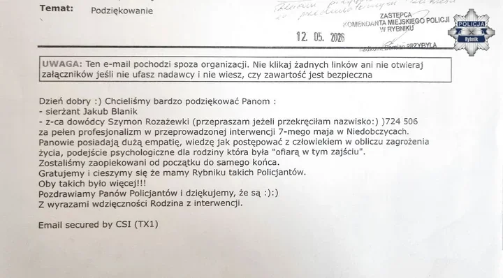 Szybka interwencja w Rybniku zakończyła się podziękowaniami dla policjantów